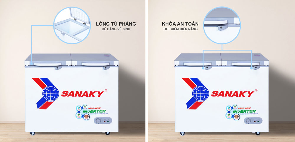 Lòng tủ côi phẳng tủ đông Inverter Sanaky Bánh xe tủ đông sanaky vh-2599a4k