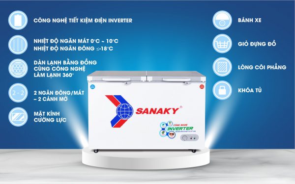 Tủ đông Sanaky 2 ngăn cánh cường lực dàn đồng inverter