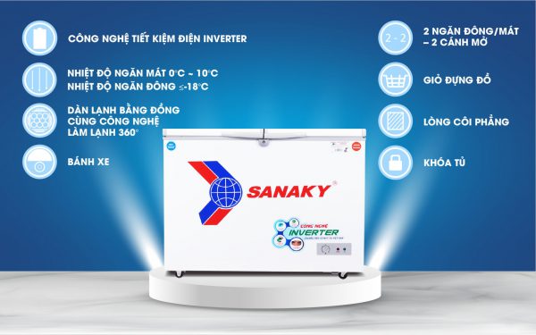 Tủ đông Sanaky 2 ngăn cánh thép dàn đồng Inverter
